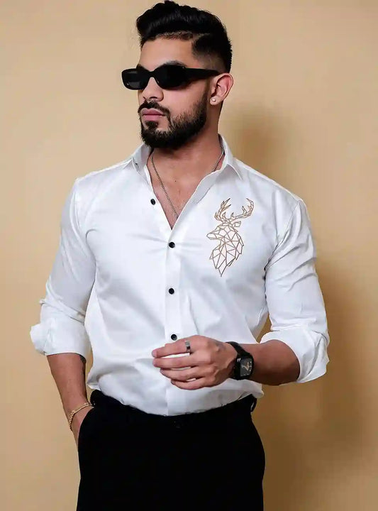 Deer Embroidered White Luxury Cotton Shirt clothing india