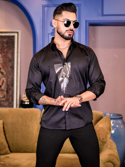 Black Sequence Club Wear Satin Cotton Party Shirt