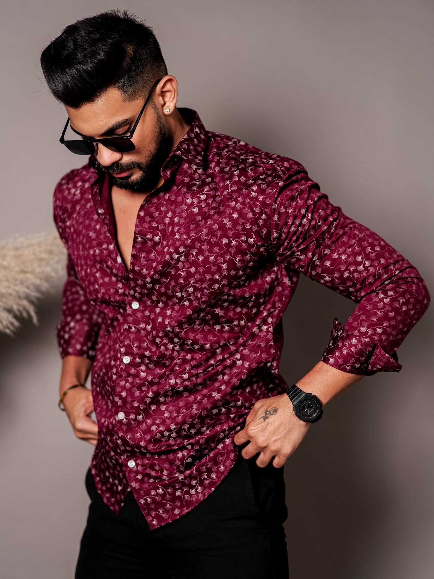 Maroon Satin Print Premium Shirt