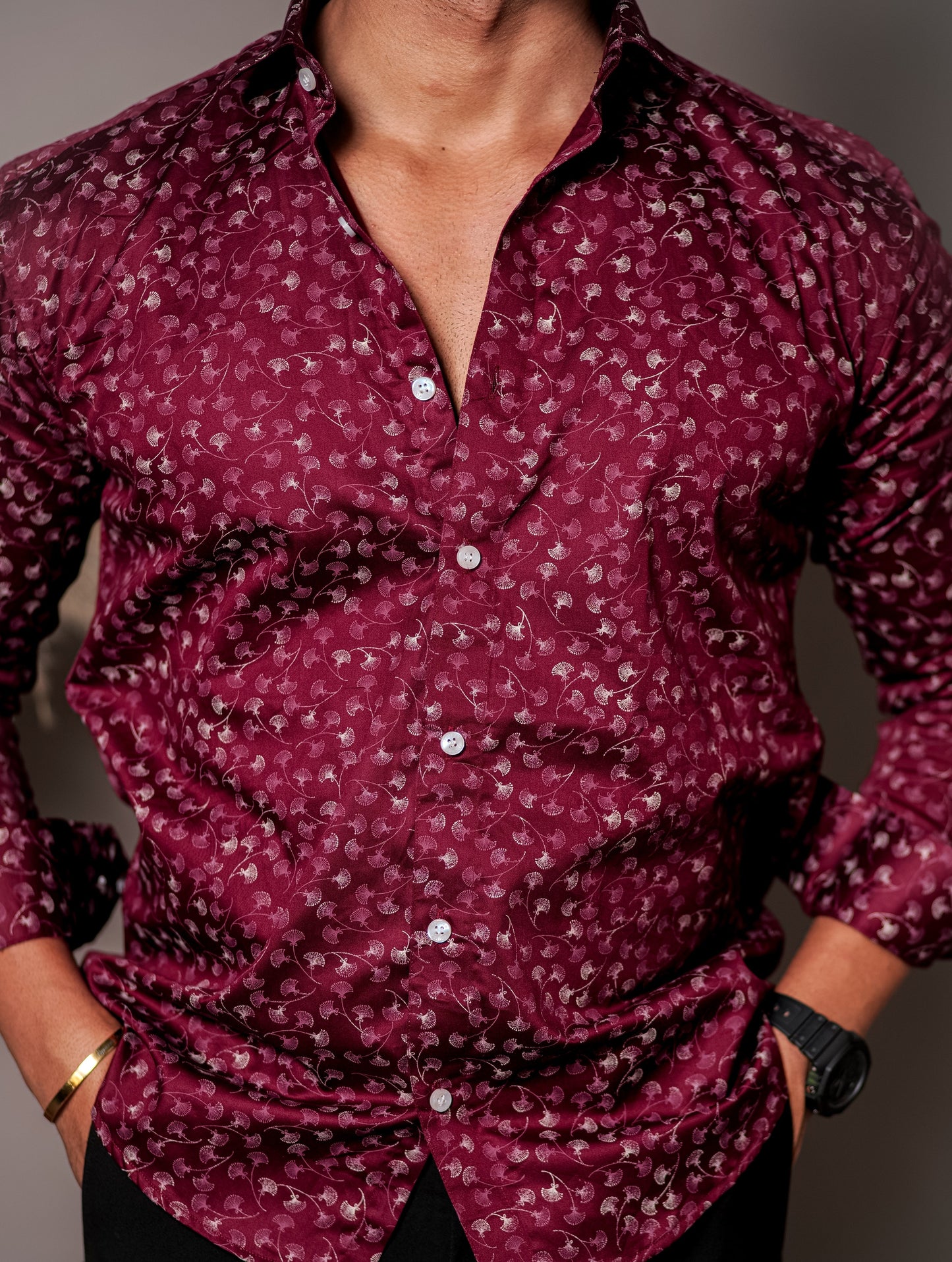 Maroon Satin Print Premium Shirt