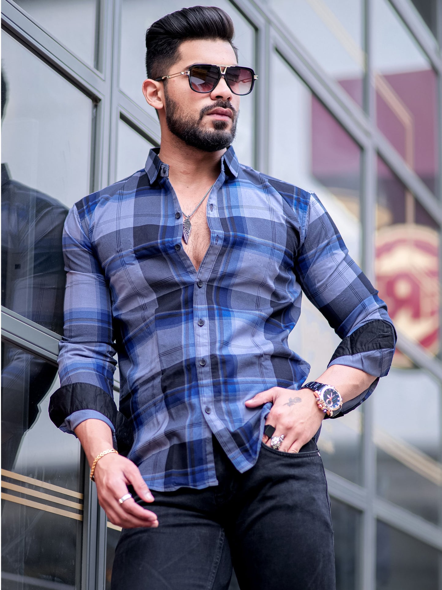 Vampire Blue Checkered Cotton Shirt