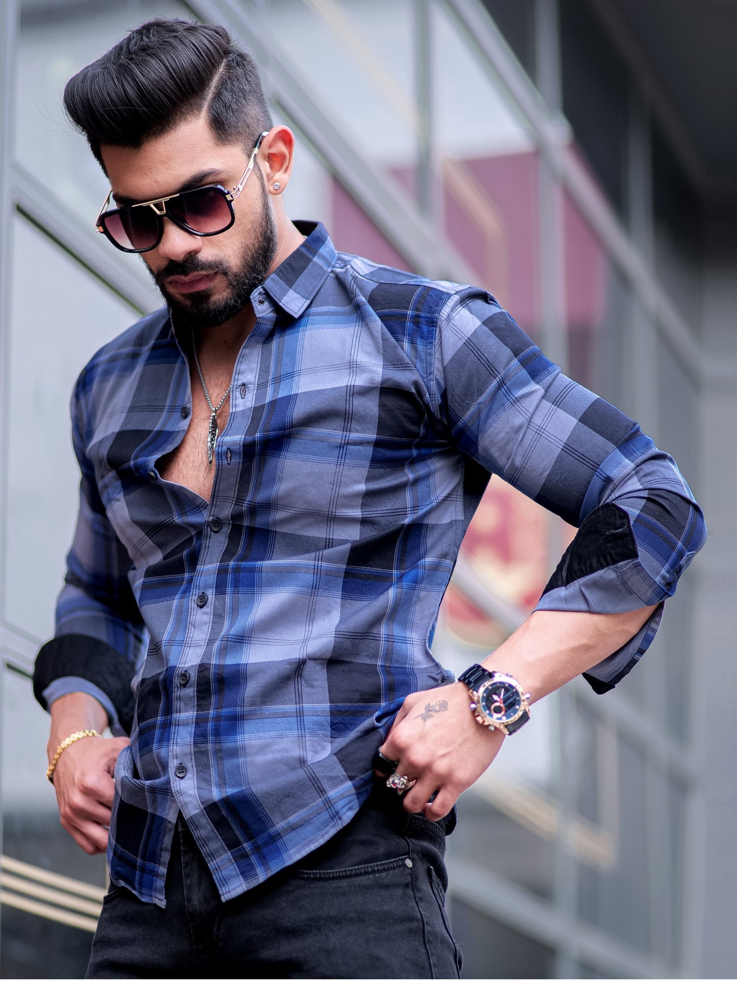 Vampire Blue Checkered Cotton Shirt