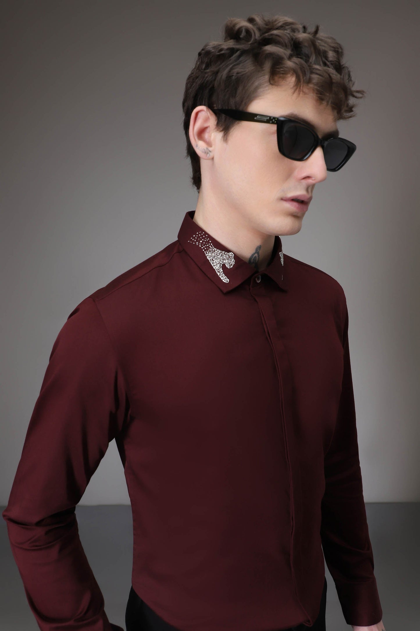 Panther Pounce hand embroidered designer shirt - Wine