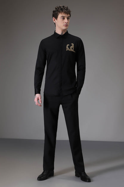 Abstract Panther Side Black hand embroidered designer shirt - Black