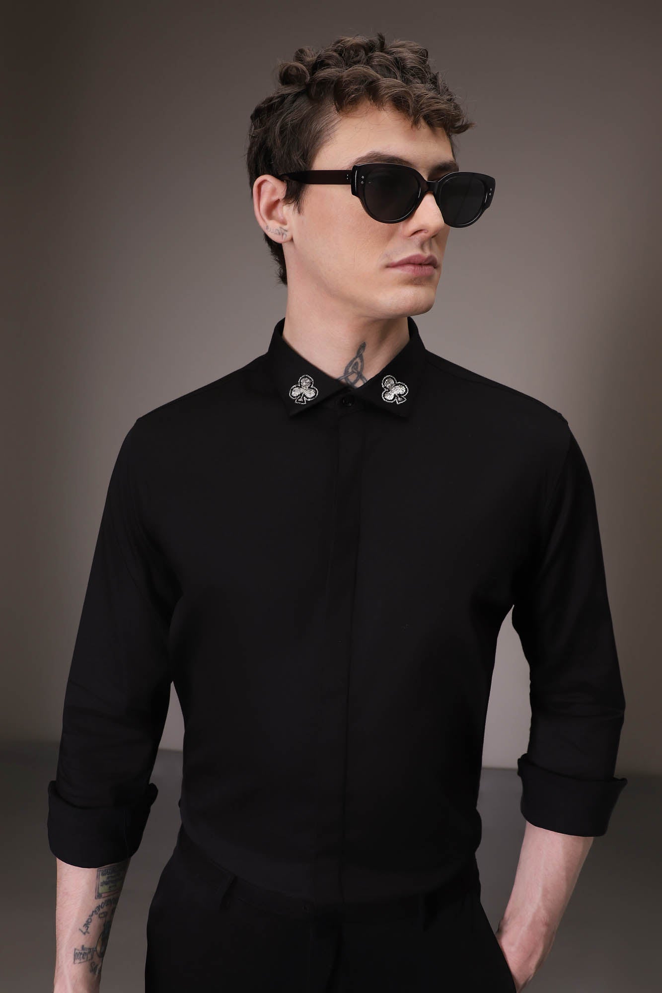 Silver Club Born to Win hand embroidered designer shirt Black