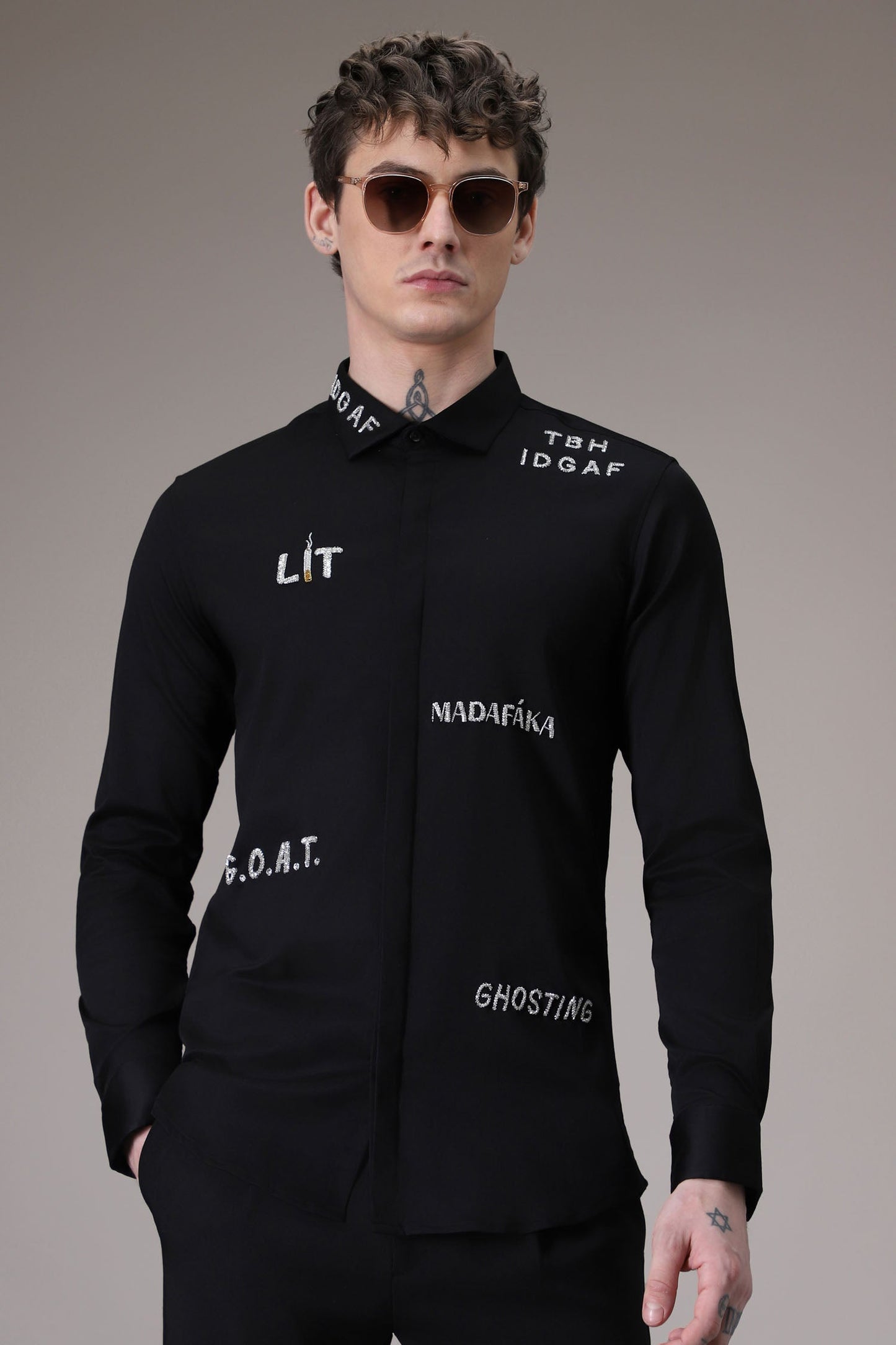 Idgaf hand embroidered designer shirt - Black