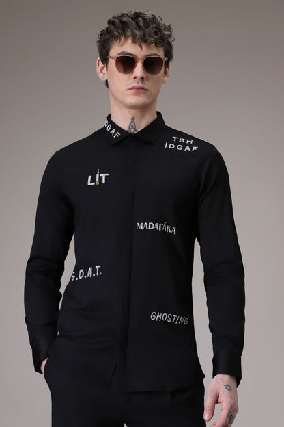 Idgaf hand embroidered designer shirt - Black
