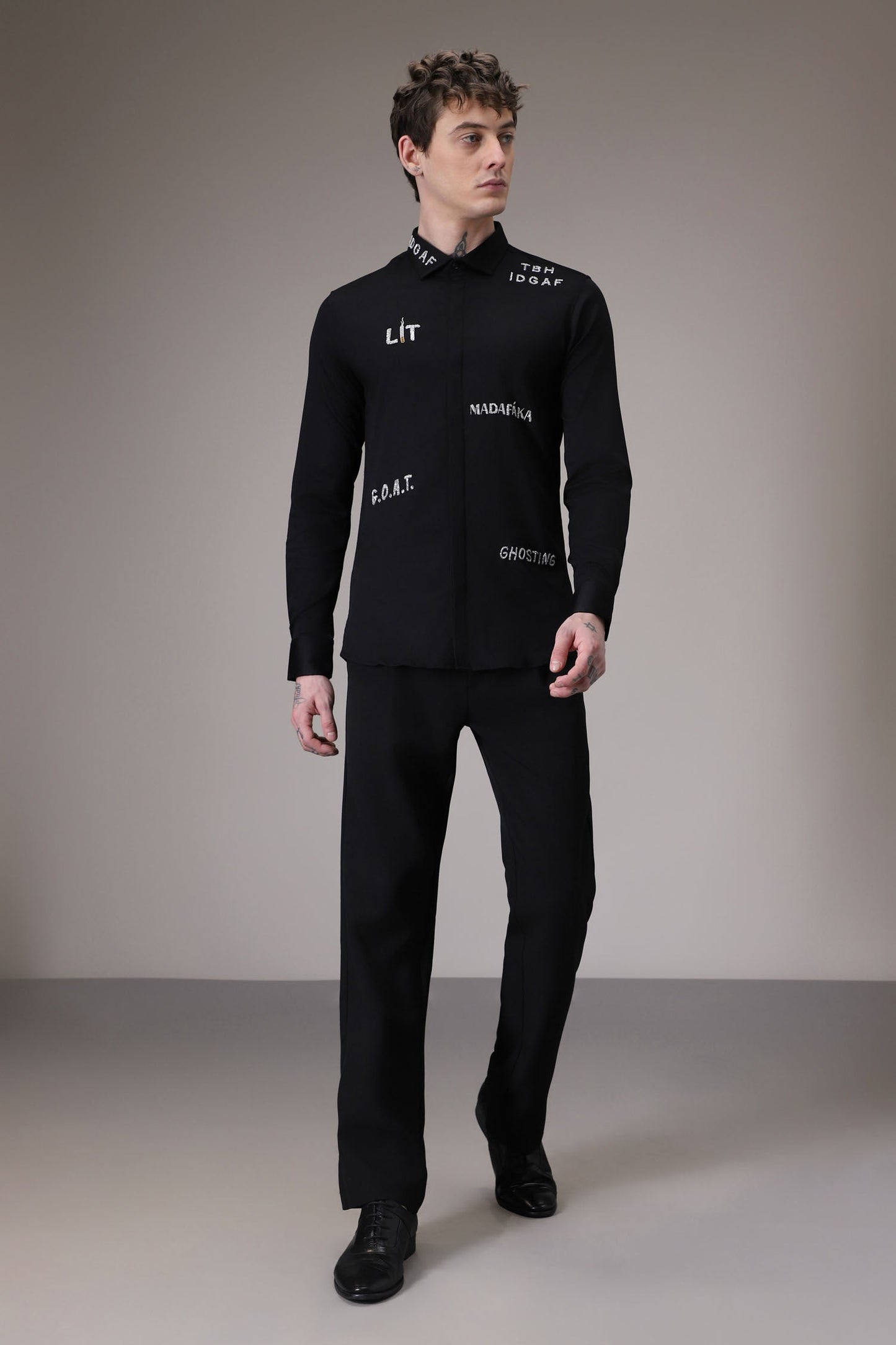 Idgaf hand embroidered designer shirt - Black