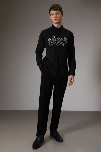 Horses hand embroidered designer shirt - Black