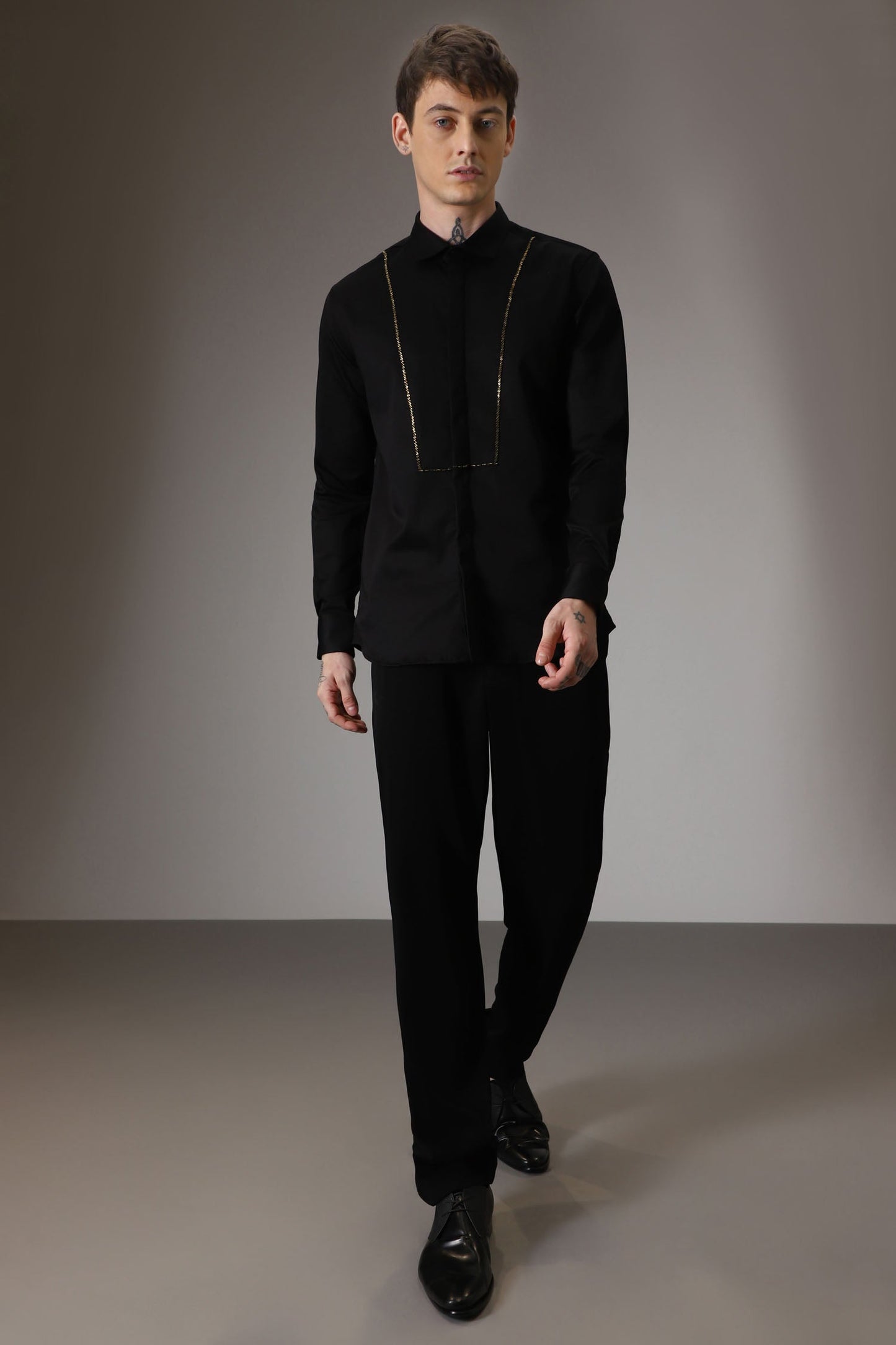 Pintuck hand embroidered designer shirt -Black