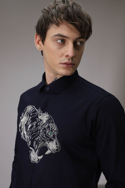 Tiger hand embroidered designer shirt - Navy