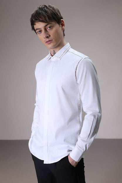Shoulder Line hand embroidered designer shirt - White