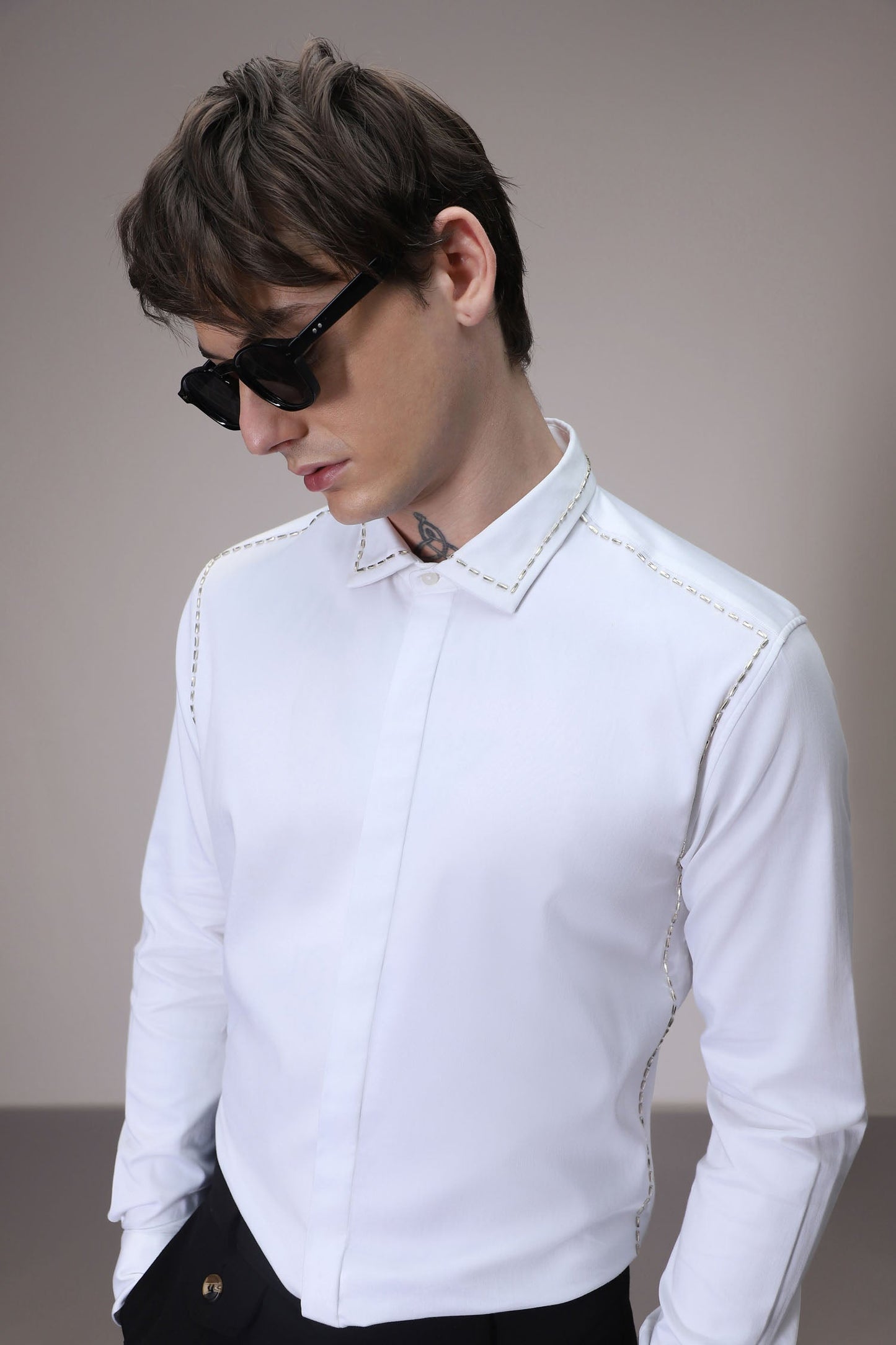 Shoulder Line hand embroidered designer shirt - White