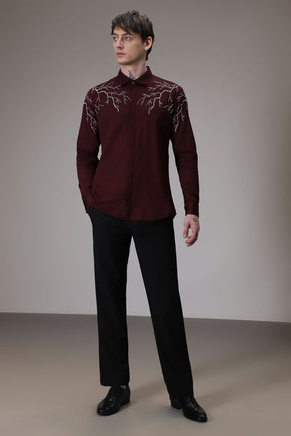 Lightening hand embroidered designer shirt - wine