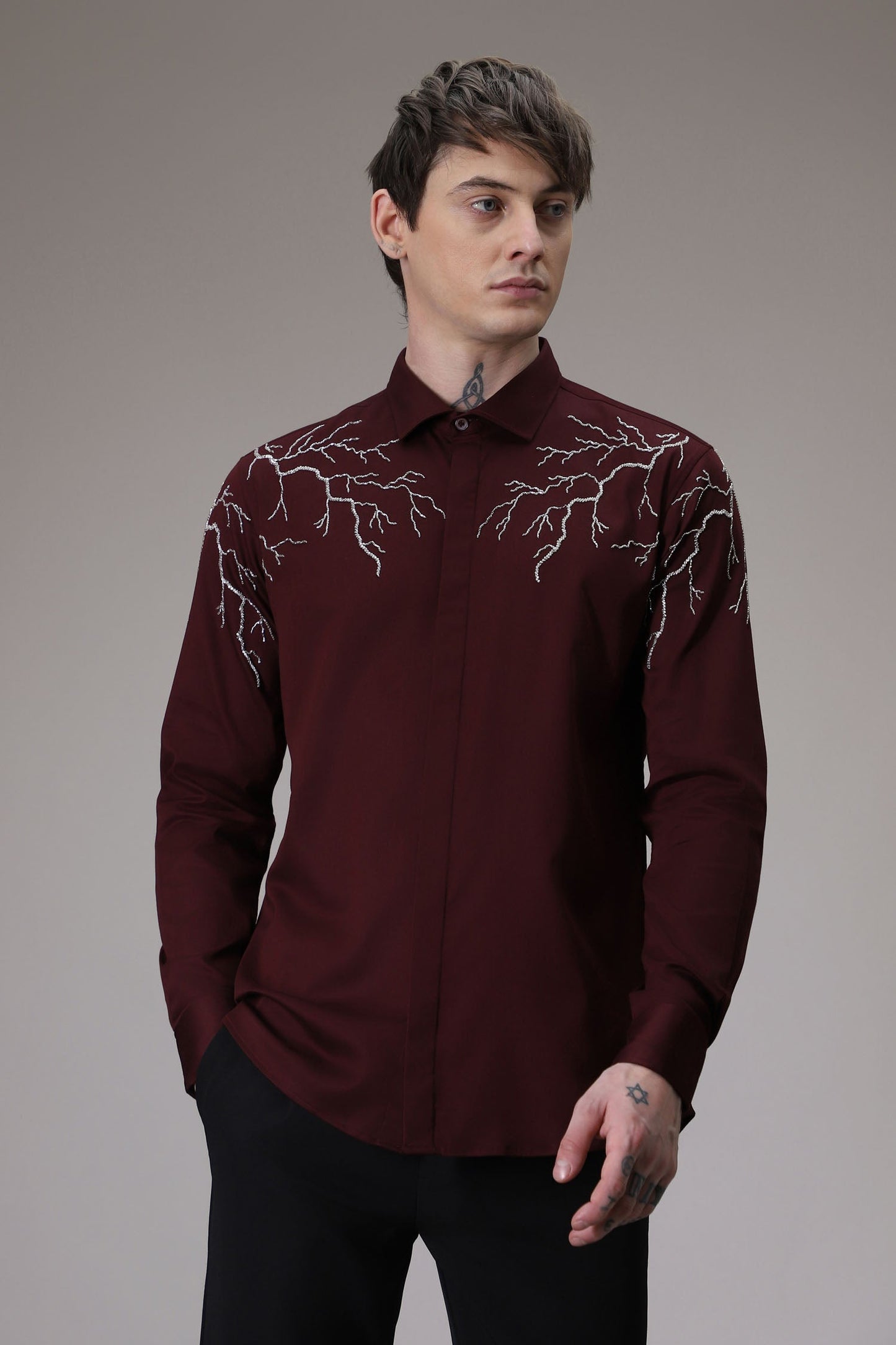 Lightening hand embroidered designer shirt - wine