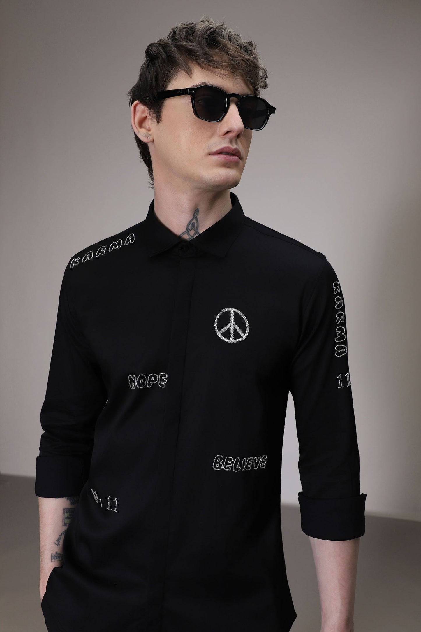 Karma hand embroidered designer shirt -Black