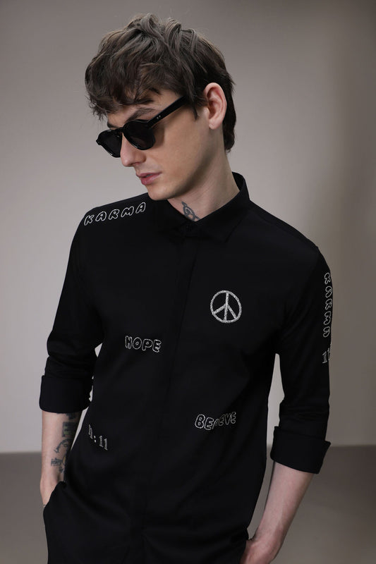 Karma hand embroidered designer shirt -Black