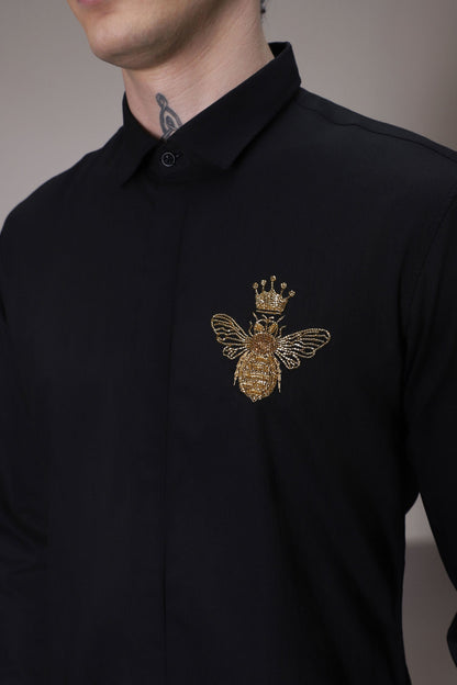 Queen Bee hand embroidered designer shirt - Black