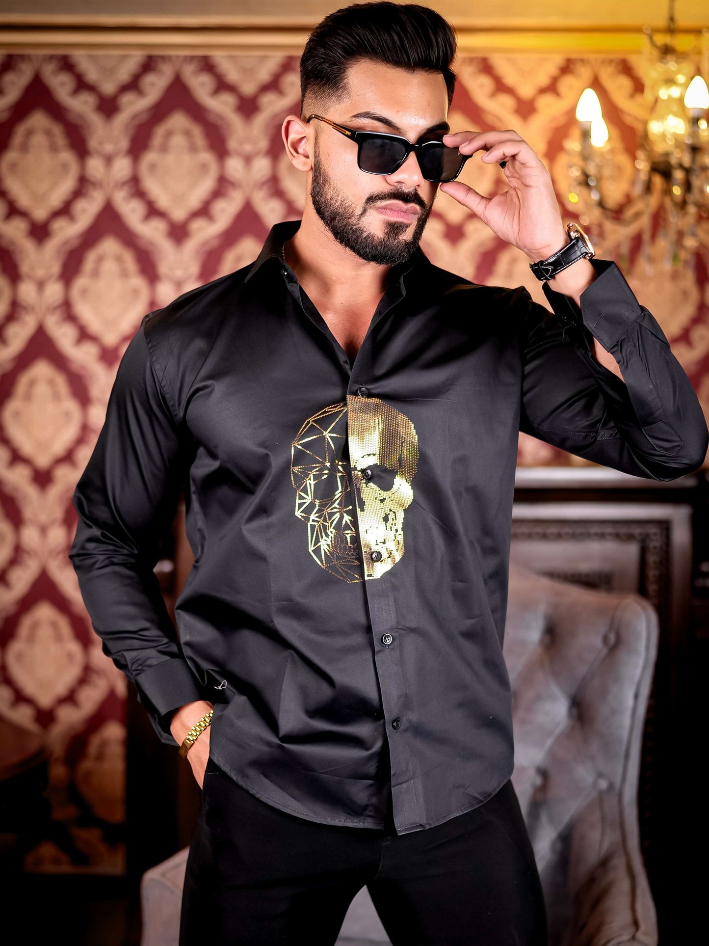 Black Horror Sequin Club Wear Satin Cotton Party Shirt