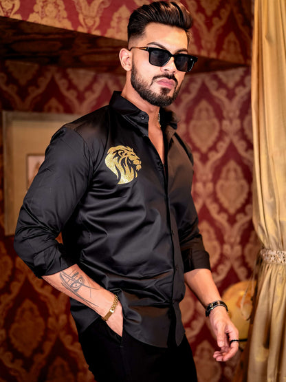 Black Club Wear Lion Printed Satin Cotton Shirt