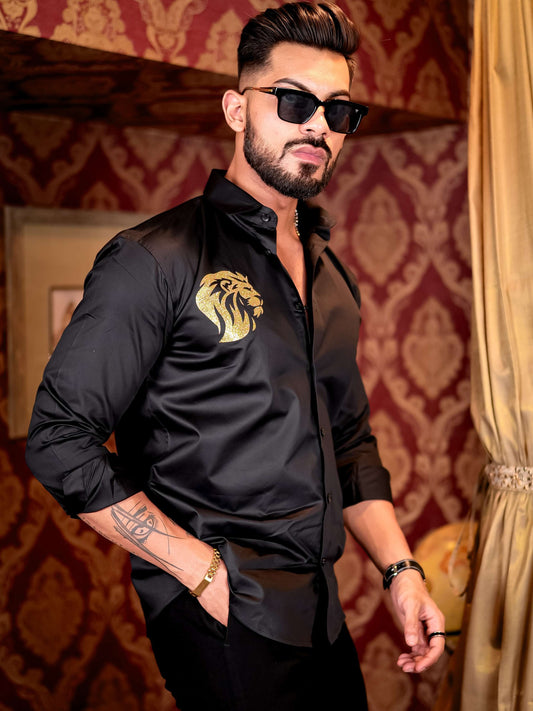 Black Club Wear Lion Printed Satin Cotton Shirt