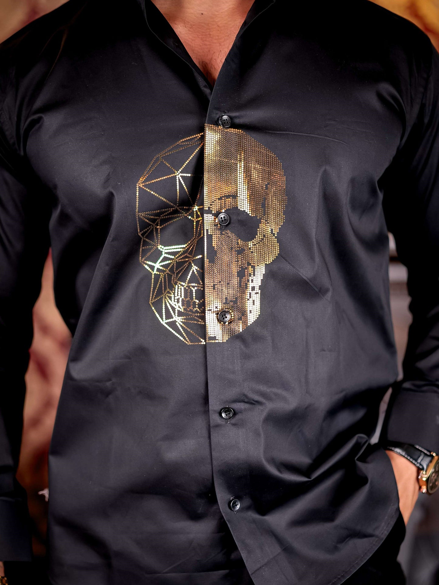 Black Horror Sequin Club Wear Satin Cotton Party Shirt