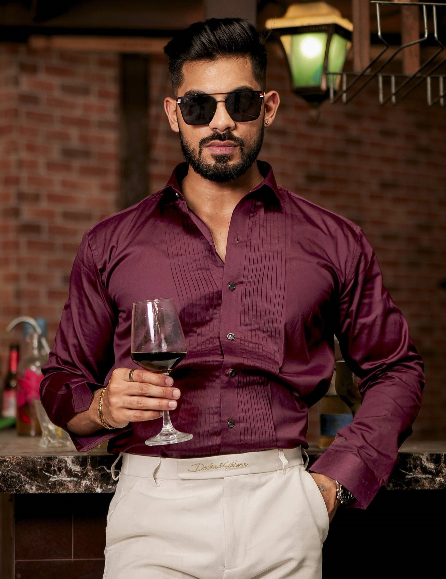 Wine Subtle Sheen Tuxedo Premium Giza Satin Cotton Shirt