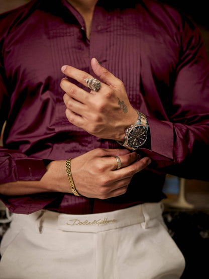 Wine Subtle Sheen Tuxedo Premium Giza Satin Cotton Shirt