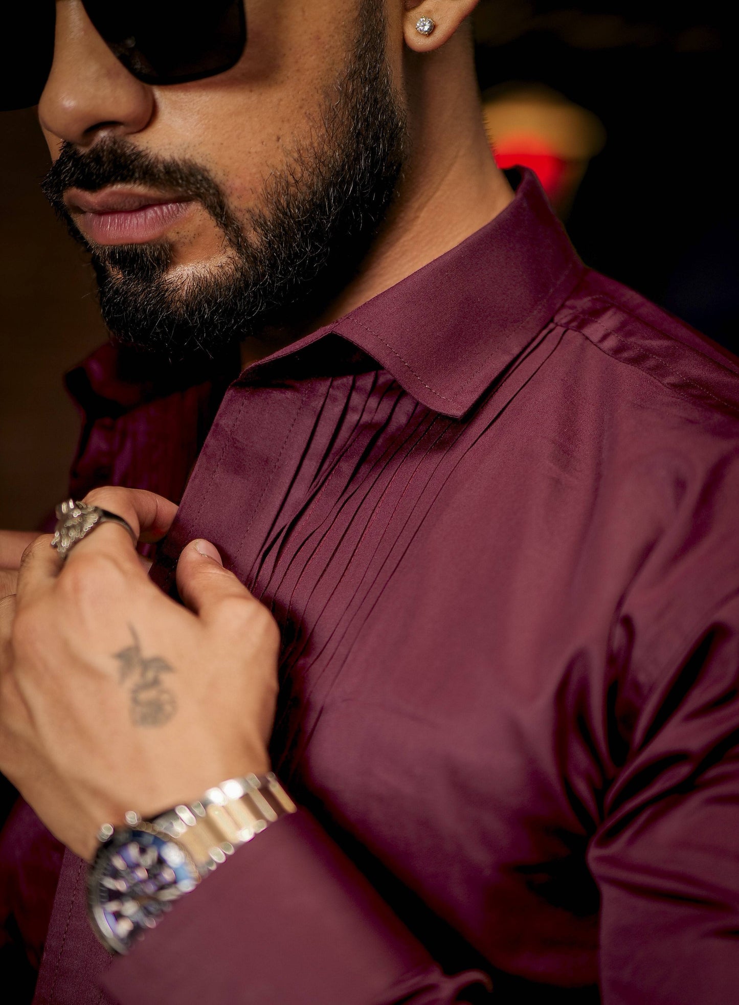 Wine Subtle Sheen Tuxedo Premium Giza Satin Cotton Shirt