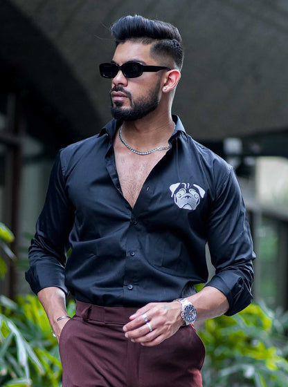 Puppy Embroidered Black Cotton Premium Shirt