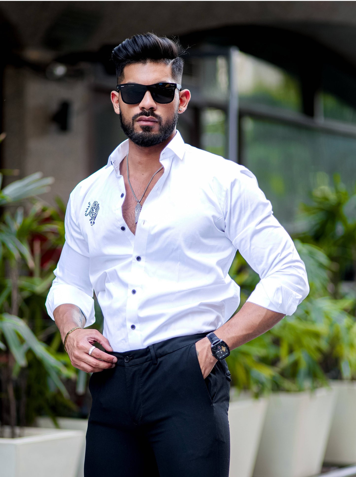 Tiger Embroidered White Premium Cotton Shirt