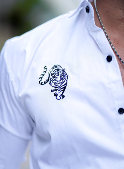 Tiger Embroidered White Premium Cotton Shirt
