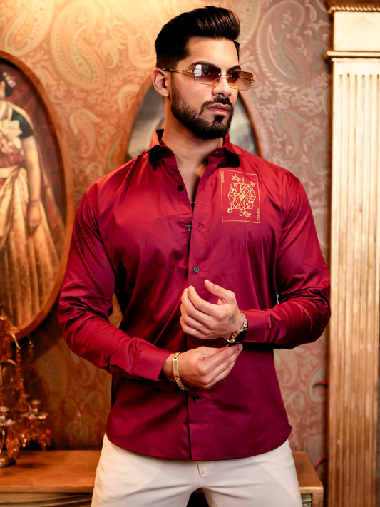 Joker Maroon Embroidered Club Wear Satin Cotton Shirt