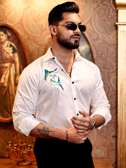 Sword Fish White Embroidered Club Wear Satin Cotton Shirt