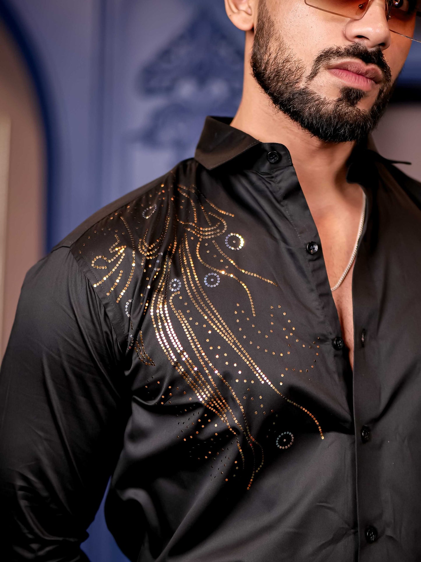 Black Sequence Club Wear Satin Cotton Party Shirt