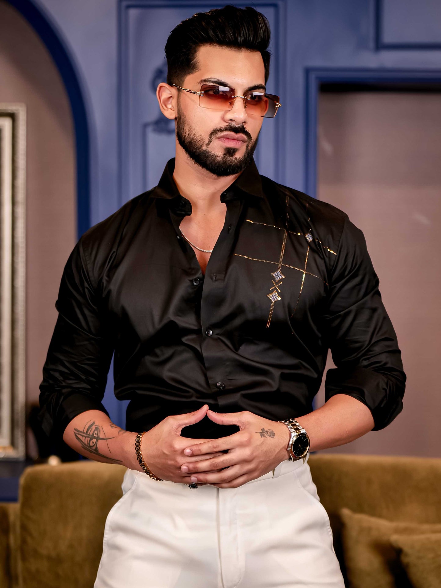 Opaque Black Sequence Club Wear Satin Cotton Party Shirt