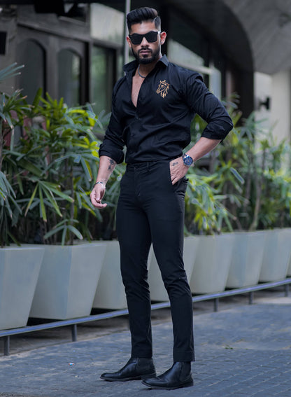 Horse Embroidered Black Luxury Cotton Shirt For Men