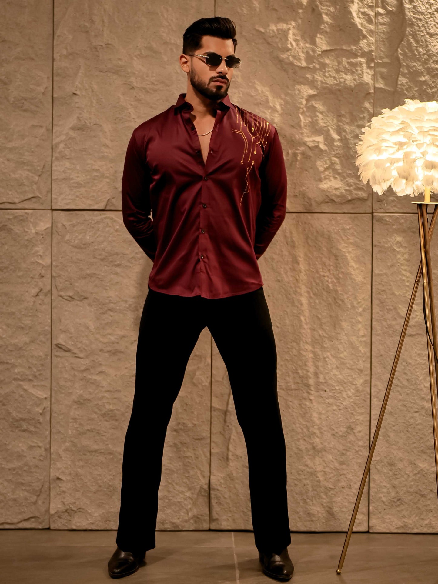 Wine Sequence Club Wear Satin Cotton Party Shirt