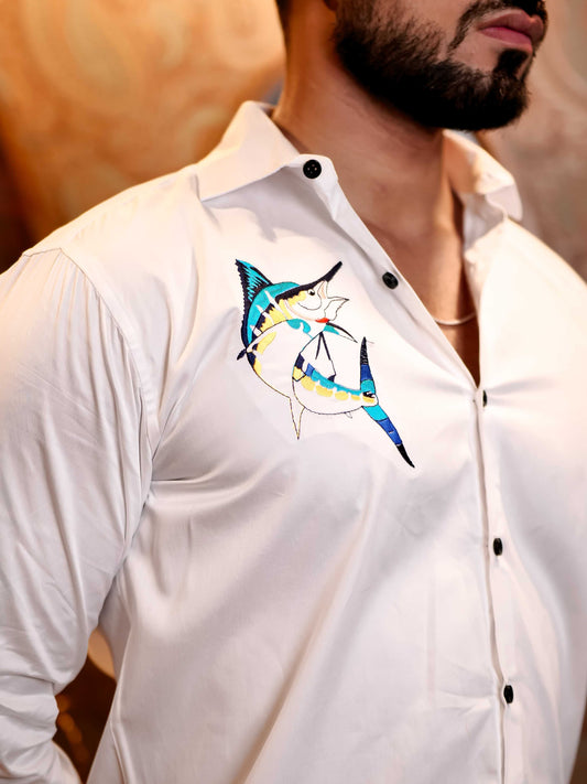 Sword Fish White Embroidered Club Wear Satin Cotton Shirt