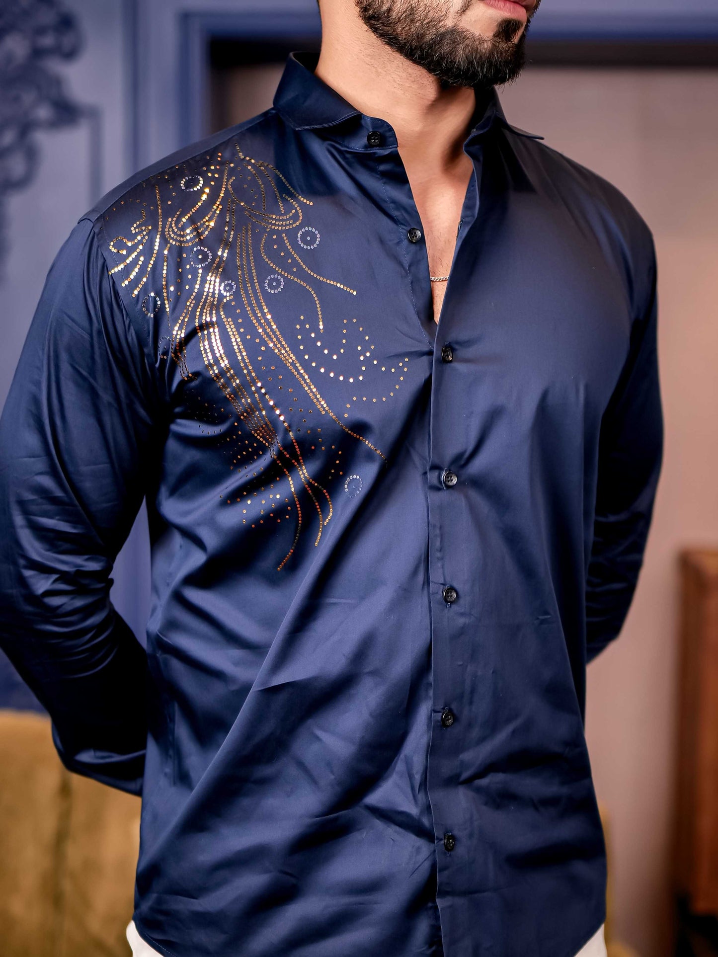 Navy Sequence Club Wear Satin Cotton Party Shirt