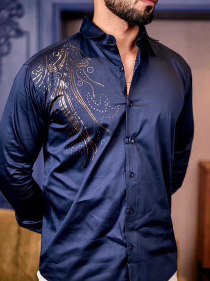 Navy Sequence Club Wear Satin Cotton Party Shirt