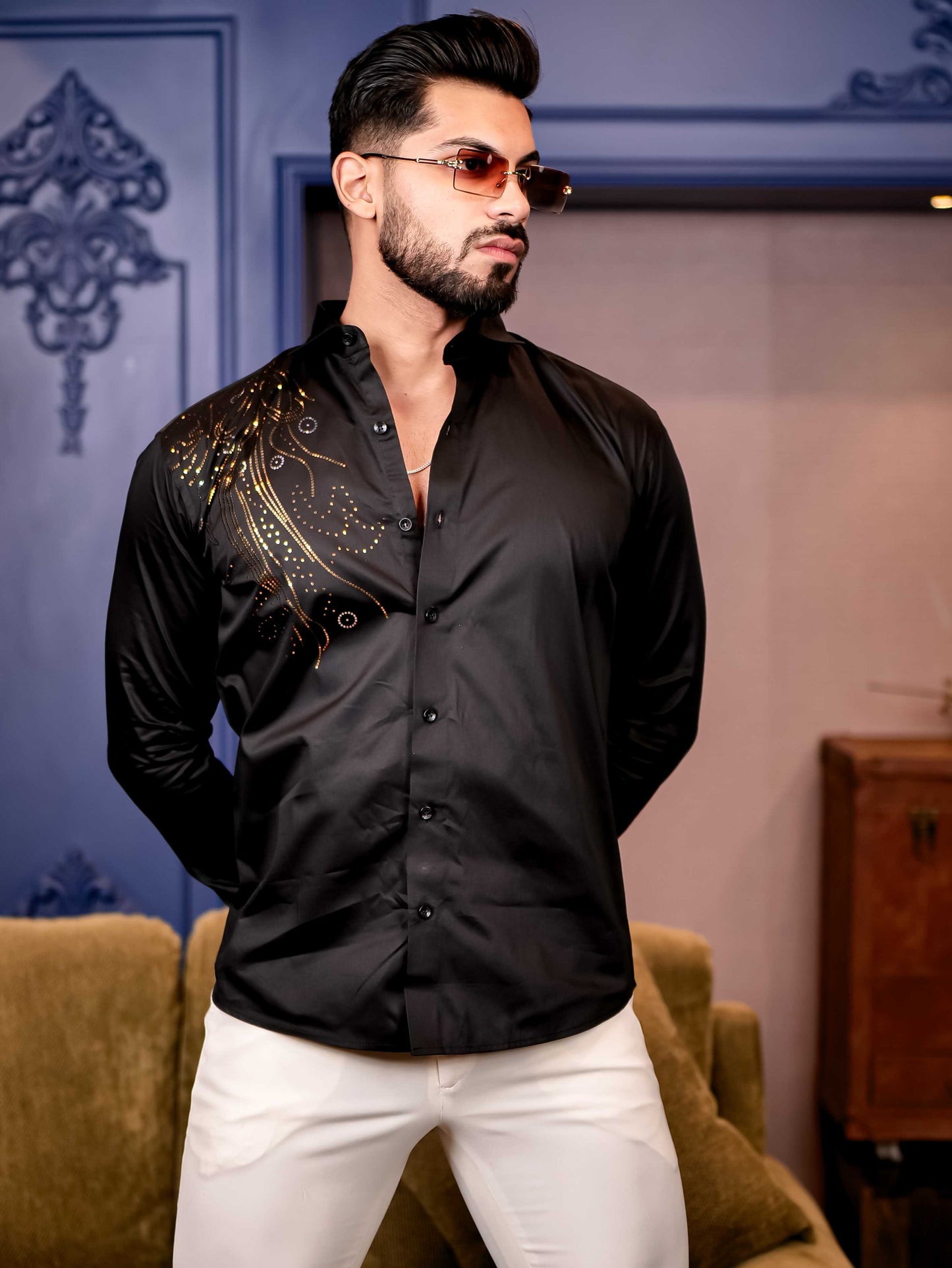 Black Sequence Club Wear Satin Cotton Party Shirt