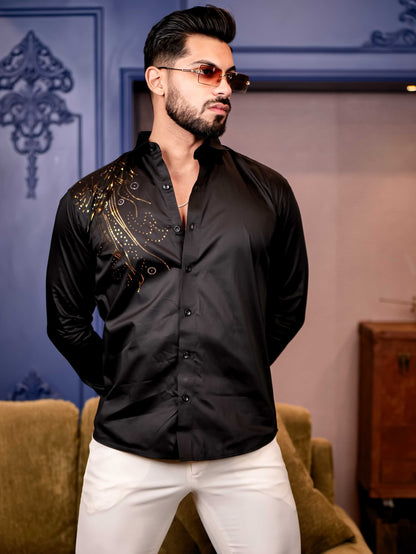 Black Sequence Club Wear Satin Cotton Party Shirt
