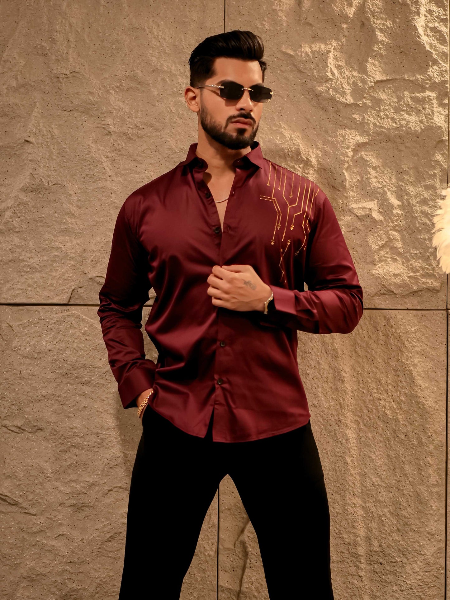 Wine Sequence Club Wear Satin Cotton Party Shirt