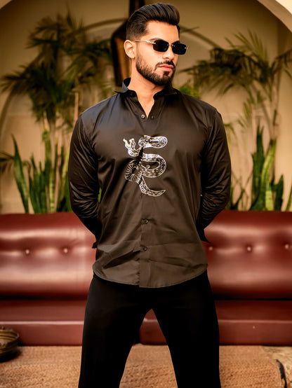 Snake Black Sequence Club Wear Satin Cotton Party Shirt