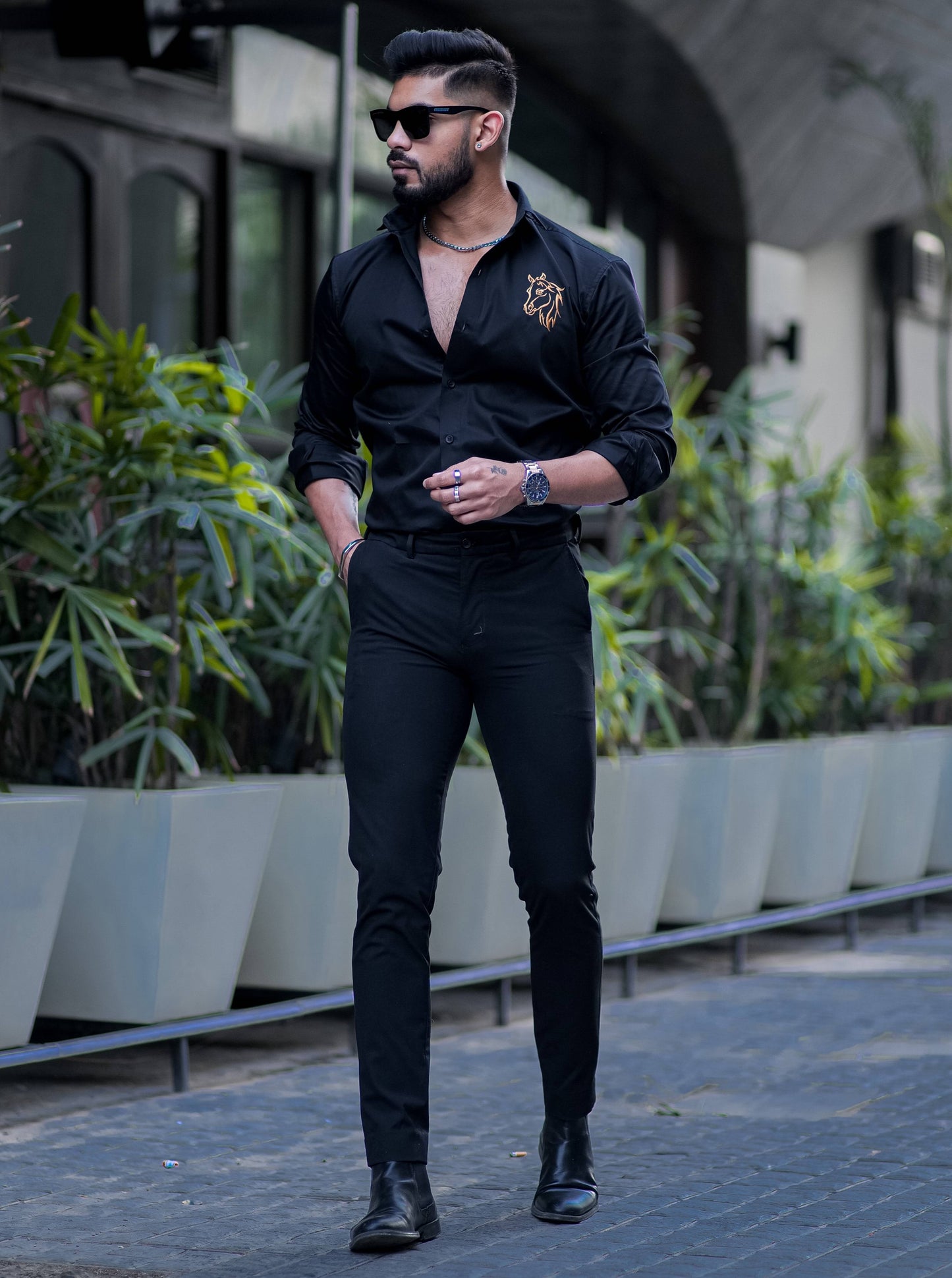 Horse Embroidered Black Luxury Cotton Shirt For Men