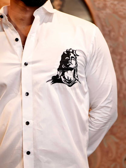Adiyogi Shiva White Embroidered Designer Satin Cotton Shirt