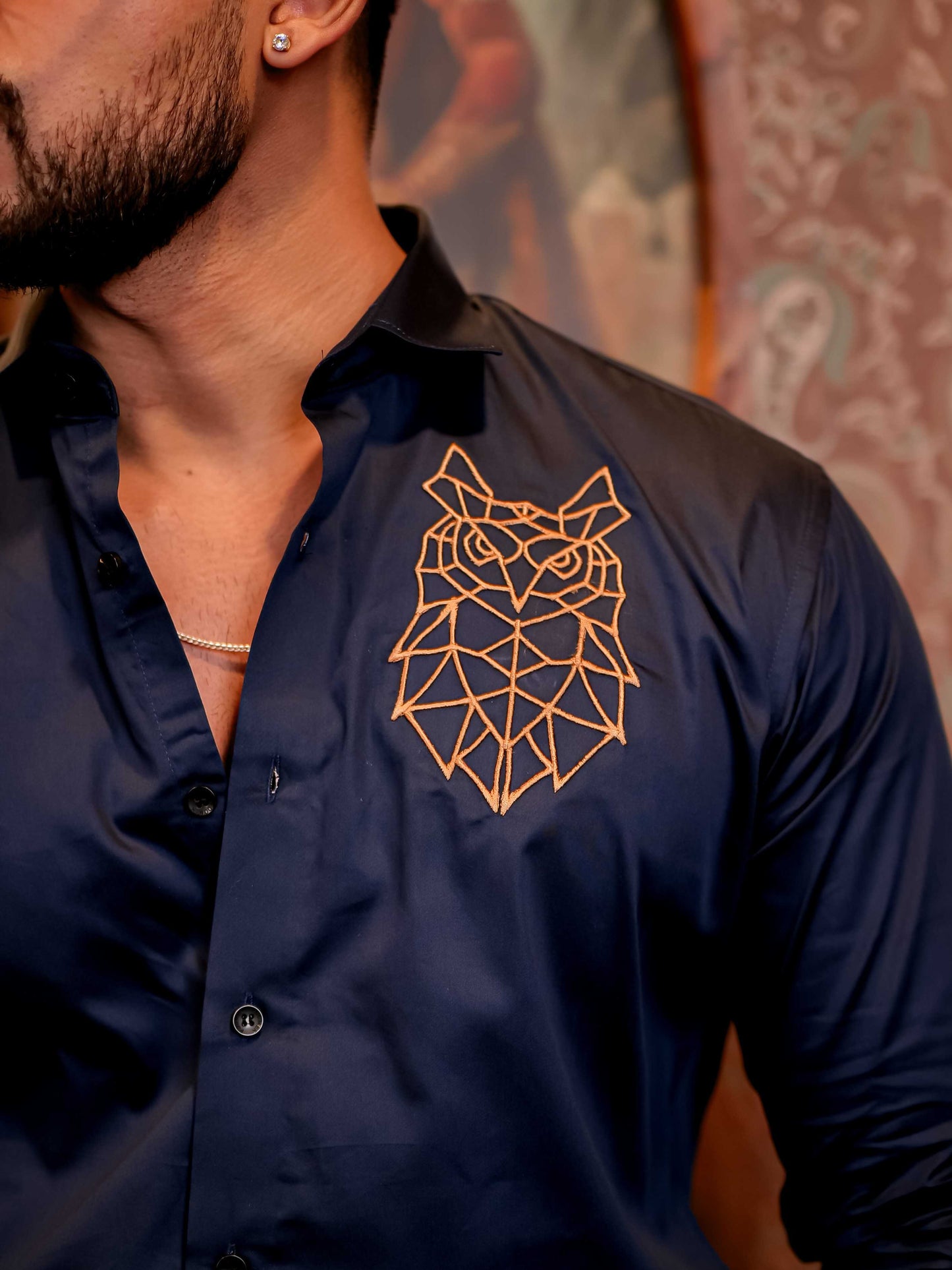 Geometric owl Navy Golden Embroidered Club Wear Satin Cotton Shirt