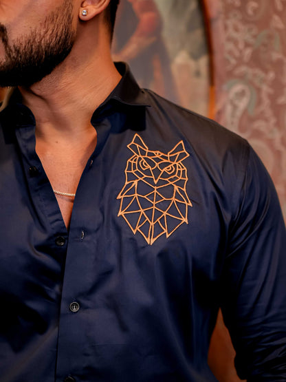 Geometric owl Navy Golden Embroidered Club Wear Satin Cotton Shirt