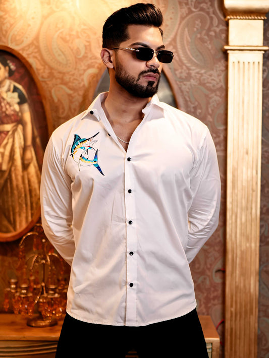 Sword Fish White Embroidered Club Wear Satin Cotton Shirt